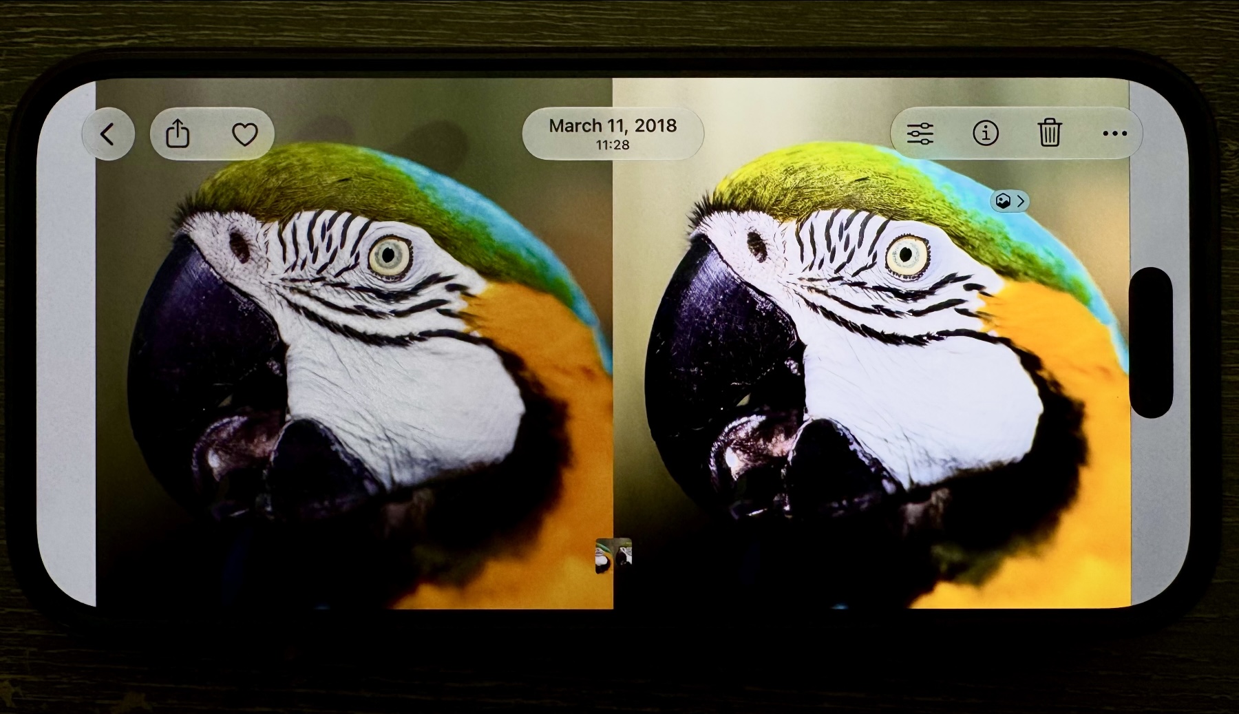 The two side by side on an iPhone screen, photographed. The right one is
                    visibly brighter than the left.